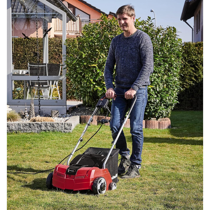 Einhell Electric Scarifier-Aerator GC-SA 1231/1 (230 V, up to 300 m², 1.2 W, 28l collection bag, ball-bearing roller + aerator roller, 3 depth settings, foldable guide bar)