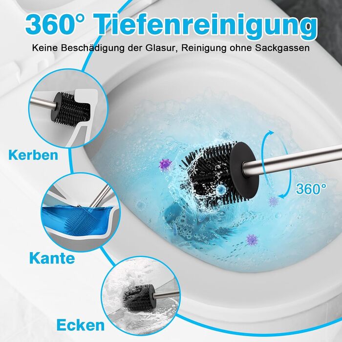 Набір для чищення унітазу FUNPALA з нержавіючої сталі та силікону, 2 насадки, ручка-тримач, сріблястий