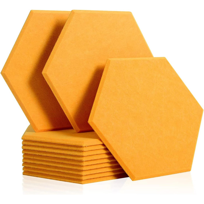 Набір акустичних панелей Rdutuok (12 шт), гексагональні звукопоглинаючі плити 30x26x1 см для студії, офісу та декору стін, помаранчево-жовті