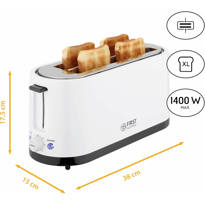 Тостер First Austria 4-х секційний з широким прорізом, 1400 Вт з піддоном для крихт | Підставка для тостів | Теплоізольований корпус, регулювання температури, корпус з нержавіючої сталі, функція розморожування, центрування хліба 1400 Вт - білий