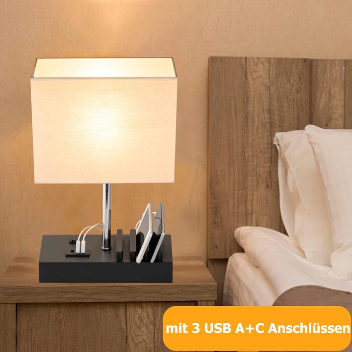 Настільна лампа Dreamholder з 3 USB-портами (A+C), підставкою для телефону, для спальні, вітальні, офісу, з натуральним дерев'яним цоколем та тканинним абажуром (чорний цоколь)
