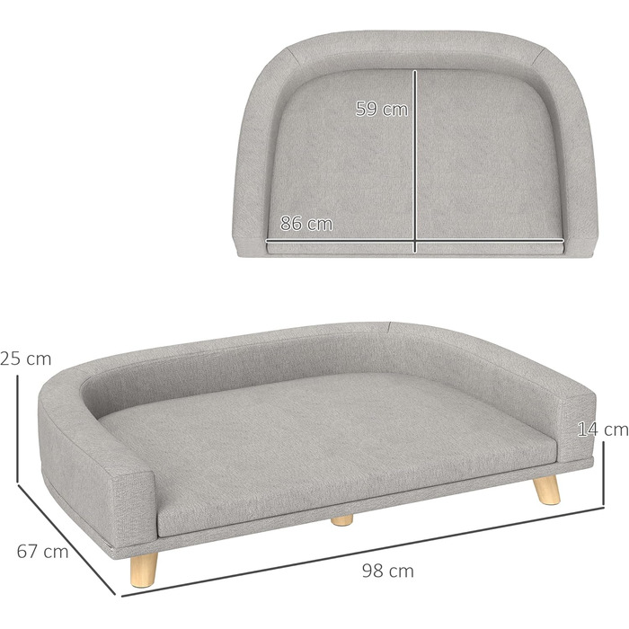 Софа для собак PawHut - зручне ліжко для великих собак з підлокітником, дерев'яними ніжками та знімним, пральним покриттям. Підходить для котів та собак вагою до 30 кг. Розміри: 98 x 67 x 25 см, колір: зелений (сірий).