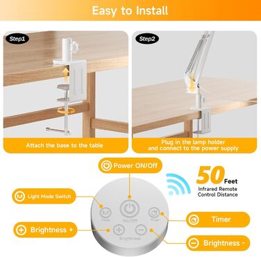 SKYLEO LED Desk Lamp with Dual Heads, Remote Control, Clamp-On, 2400 Lumens, 24W, 5 Color Temperature Modes, Timer & Memory, Easy Installation - For Office, Reading, 76cm Lamp Length with Clamp