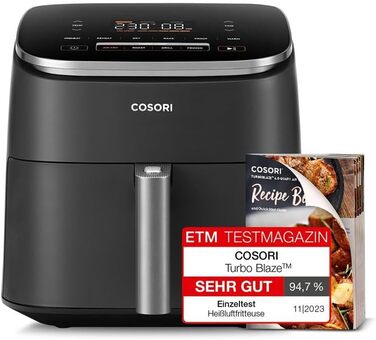 Cosori Turboblaze Air Fryer, 9-in-1 Air Fryer XXL 6L, quiet DC motor with 5 speed settings, grilling, baking, proofing, dehydrating, thawing, 87 recipes, 64% energy saving Turbo Blaze Dark Grey