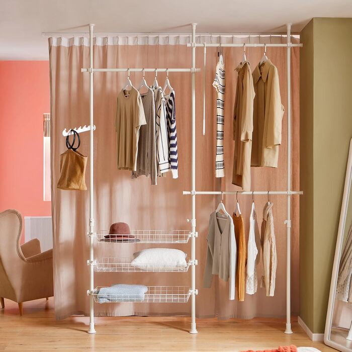 SoBuy Regal System with 3 Clothes Rails and 3 Baskets Telescopic Wardrobe System Adjustable Organization System FRG34-SCH (White)