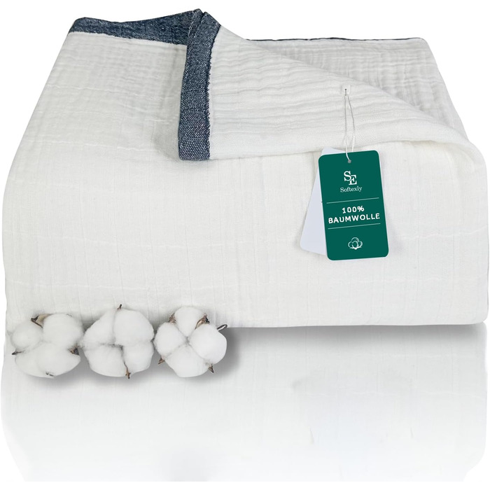 М'яка ковдра Softexly з бавовни 100%, 4-шарова муслінова ковдра, покривало для ліжка, дивана, софи, для дому, біла, 130x150 см