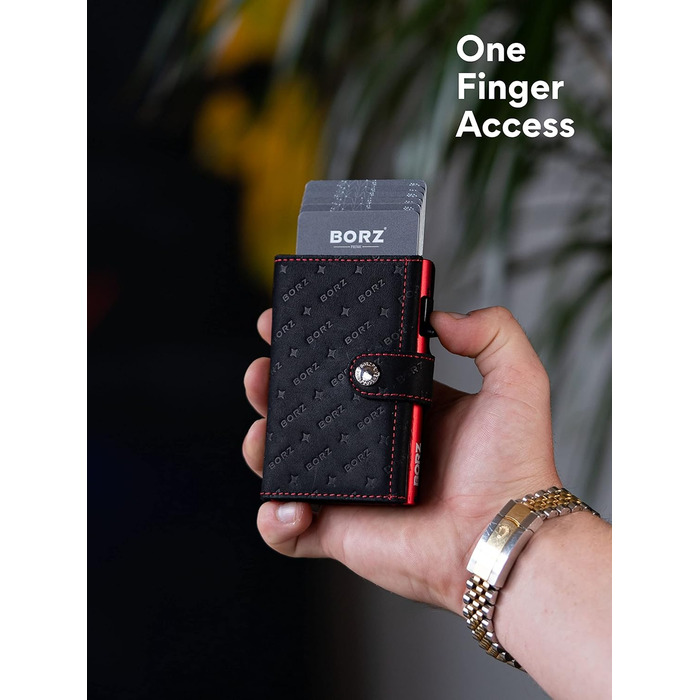Крутий чохол-картхолдер BORZ Prime для AirTag з відділенням для монет, цифровою візитною карткою, захистом RFID, карбоном та червоною строчкою. Slim, шкіряний, з червоною строчкою.