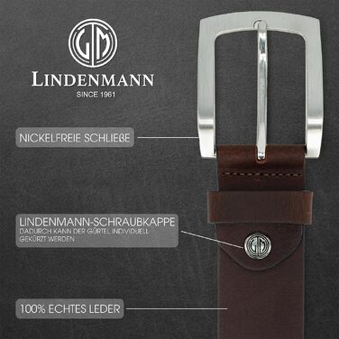 Шкіряний ремінь чоловічий LINDENMANN, коричневий, натуральна шкіра (Full Grain), ширина 40 мм, розмір XL/XXL (довжина 100 см, обхват талії 85 см)
