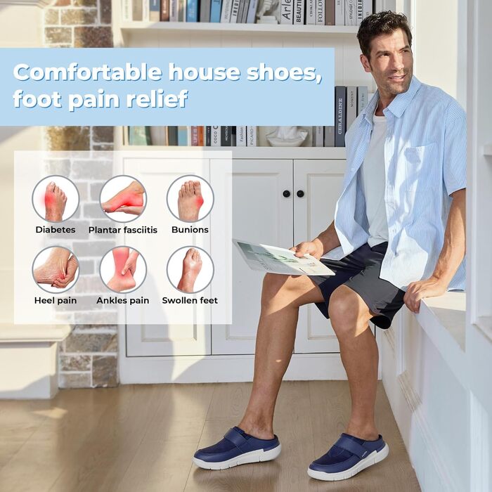 Домашні тапочки чоловічі FitVille для літніх людей з липучкою, розмір 41-50 (49/50 EU, широкі, темно-сині)