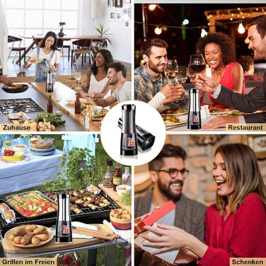 Nauotk 2-in-1 Electric Salt and Pepper Grinder, Battery Powered, Adjustable Coarseness, Automatic Salt and Pepper Grinder with LED, Double Nozzle, One-Hand Operation, Spice Grinder for Kitchen (USB)