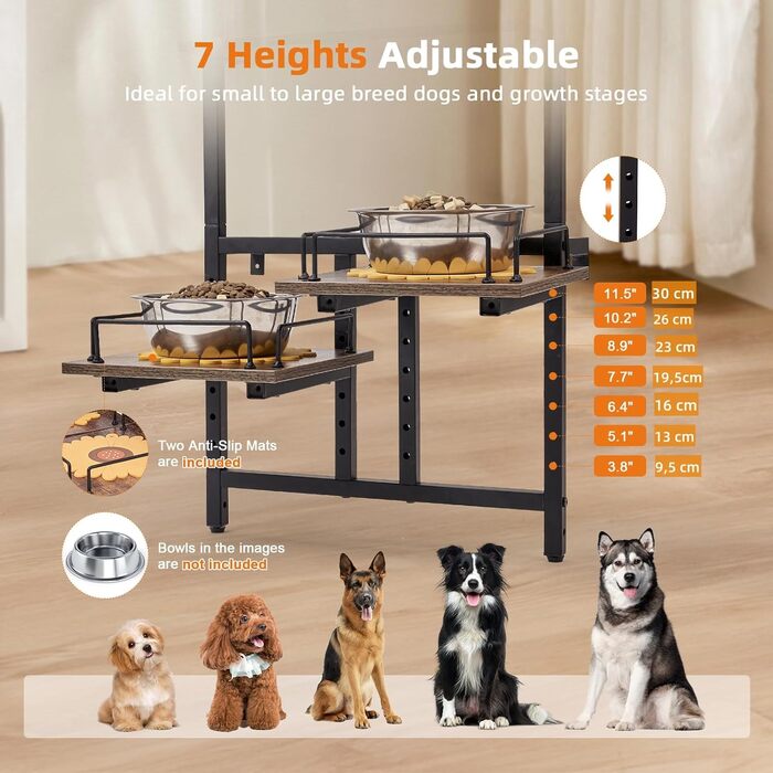 Підвищена годівниця для собак з місцем для зберігання та двома антиковзними килимками, для великих собак, регульована висота, настінний монтаж, колір вінтажний коричневий
