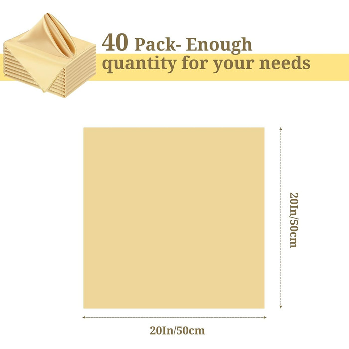 Champagne Satin Napkins Cloth 40 Pieces Square 20 x 20 inches Soft, Smooth Fabric Table Napkins Washable Satin Cloth Napkins for Weddings Parties Vacations Dinners Thanksgiving