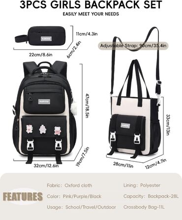 Шкільний рюкзак Tanou для підлітків, чорний, з пеналом та сумкою через плече, відділення для ноутбука 15,6 дюймів