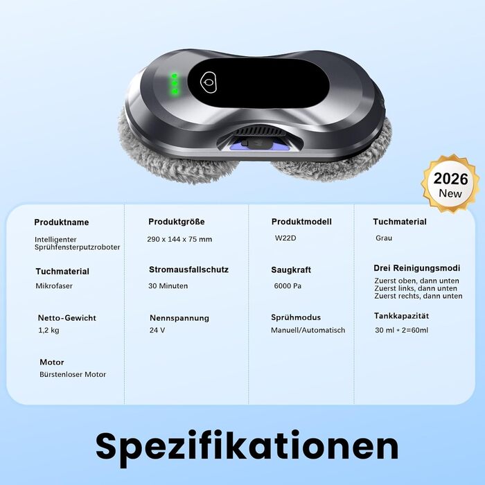 Робот для миття вікон Fensterputzroboter 2026, 6000Pa, розпилення, <65дБ, безпека, навігація, 10 серветок, для вікон/плитки, фіолетовий