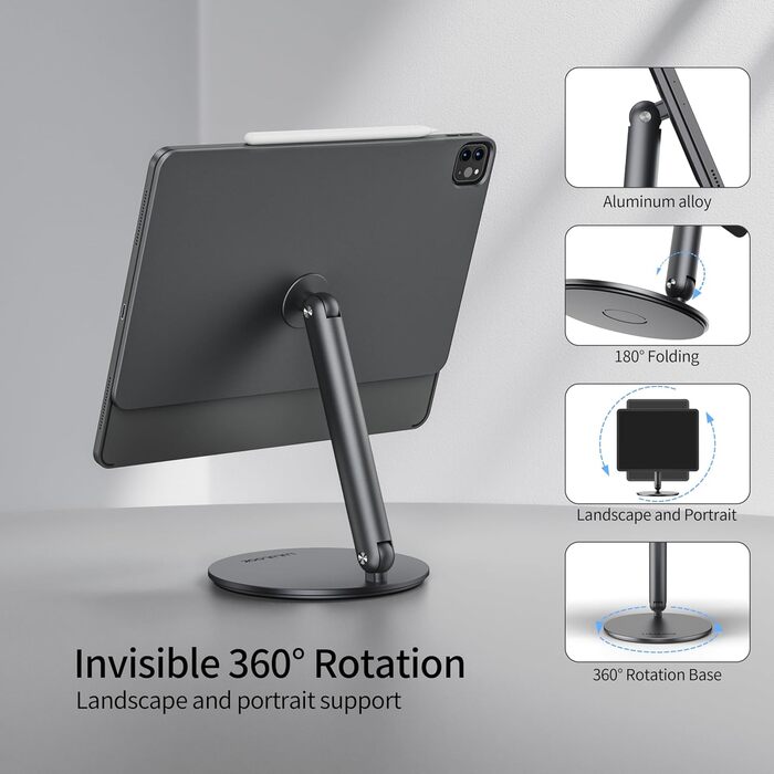 Магнітна підставка LULULOOK для iPad Pro 13'' M4/M5 (2024-2025), iPad Air 13'' M4, iPad Pro 12.9'' — обертова на 360°, складна, алюмінієва