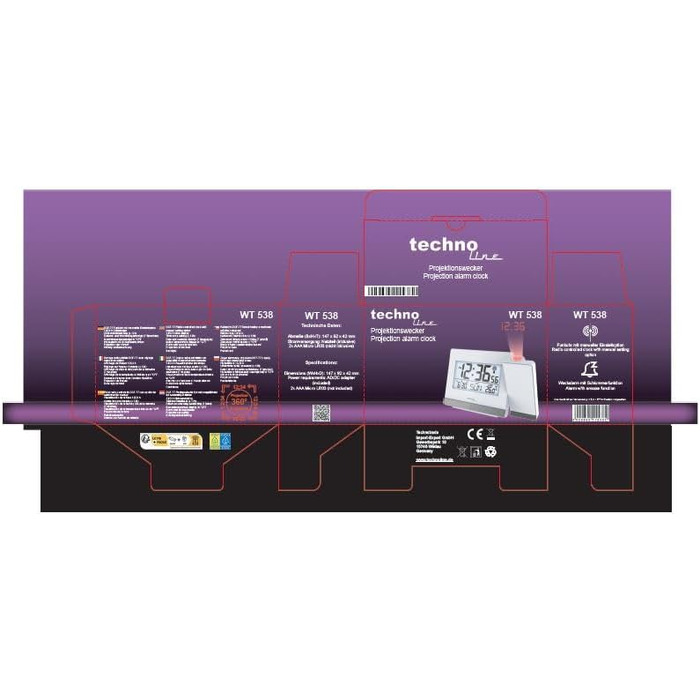 Радіокерований будильник-проектор Technoline WT 536 з проекцією часу, термометром та функцією Snooze, білий