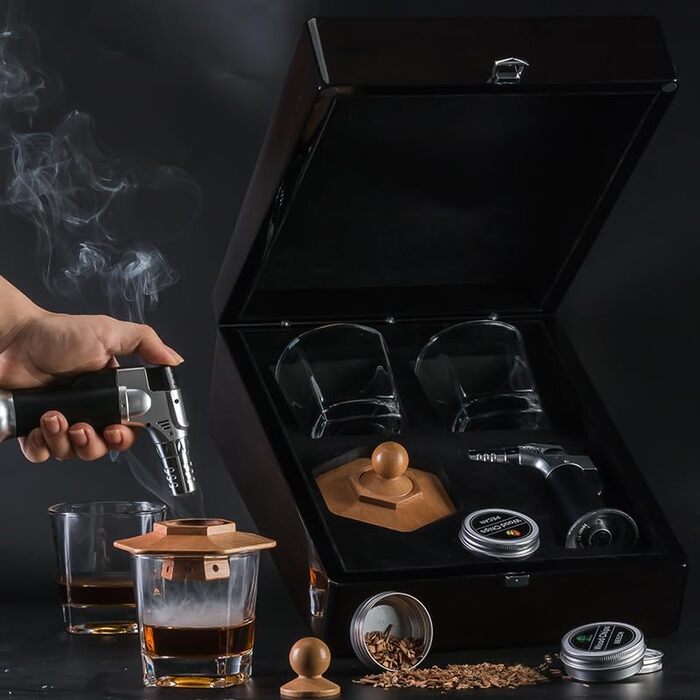 Преміум дерев'яний бокс для віскі з набором для копчення, ліхтарик, тріски, 2 склянки, набір для копчення коктейлів, подарунок для чоловіків, віскі, бурбон, День батька, ідеї подарунків на день народження