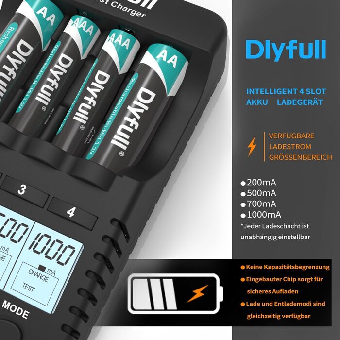 Зарядний пристрій Dlyfull для акумуляторів AA AAA: швидка зарядка, відновлення, розрядка, сумісний з NI-MH, NI-CD