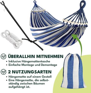 Гамак KRUMAD 260 см, до 250 кг, вуличний, бавовна-поліестер, з дерев'яними розпірками та сумкою (синьо-білий, з каркасом)