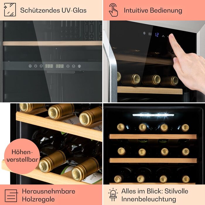 Klarstein Wine & Beverage Refrigerator - 1 Zone, UV Protection, 5-18°C, 16 Bottle Capacity, Freestanding, Silver & Black