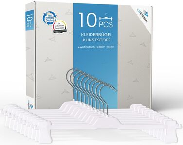 Вішалки для штанів RSR-Hangers® білі XL з регульованими затискачами, пластикові, 42 см, протиковзкі, 10 шт, Made in Germany