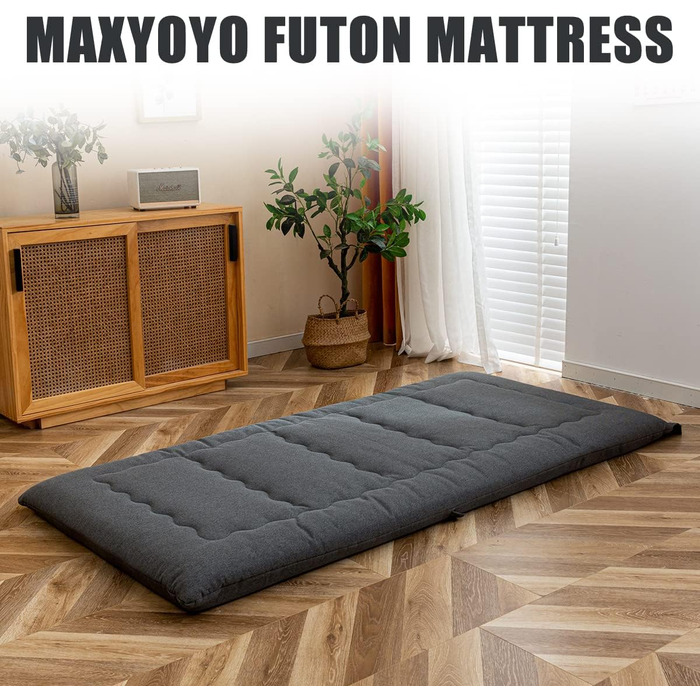 Складаний футон-матрац MAXYOYO 90x190 см, гіпоалергенний, з ручкою та чохлом на блискавці, для гостьового ліжка або кемпінгу, холщова тканина, наповнювач із піни з пам'яттю