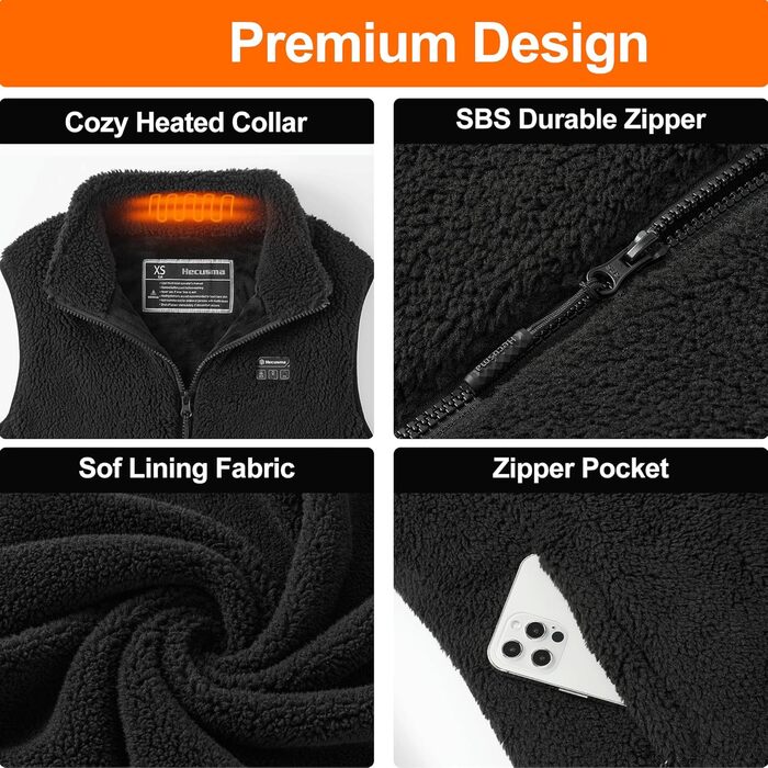 Тепла електрична жилетка для жінок з акумулятором 16000mAh, Sherpa, флісова жилетка для активного відпочинку та катання на лижах, чорна