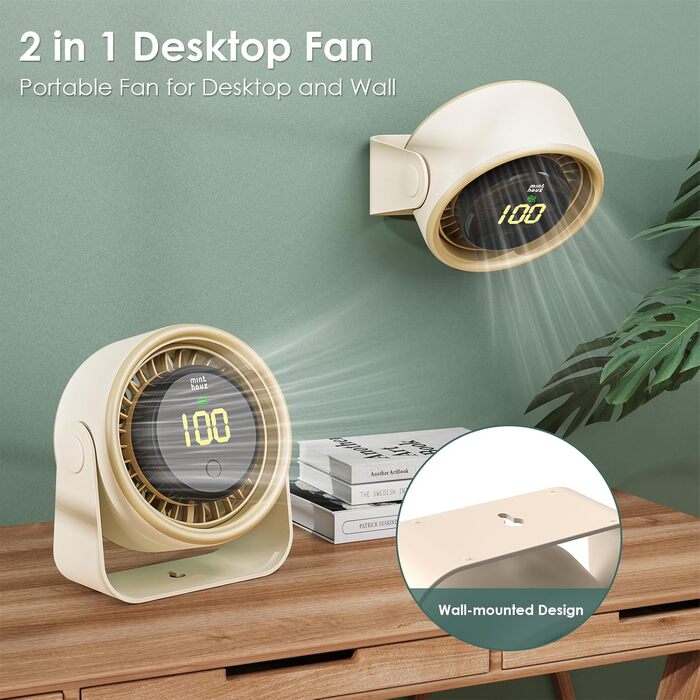 USB вентилятор Minthouz 3000mAh з LED-дисплеєм, 4 швидкості, поворотний, для офісу, спальні, на вулицю