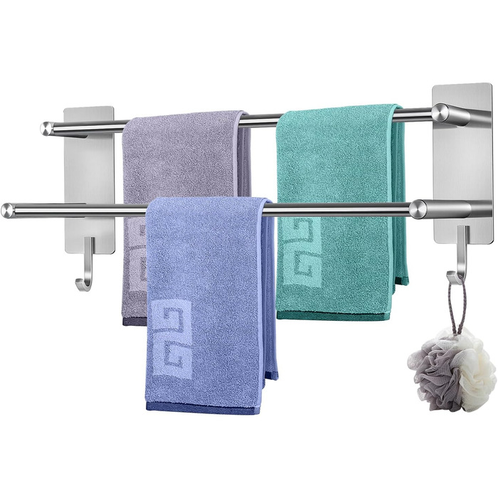 Тримач для рушників без свердління, 60 см, самоклеючий, з гачками, нержавіюча сталь, вологостійкий, для ванної кімнати та кухні, срібляний