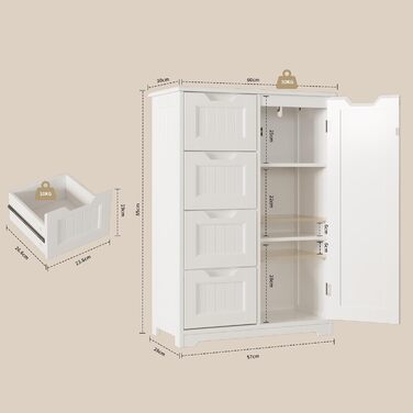 Bealife Bathroom Cabinet, Narrow Vanity Storage Cabinet with 4 Drawers, Cupboard Door, Adjustable Partition, Suitable for Bathroom, Living Room, Kitchen, Hallway