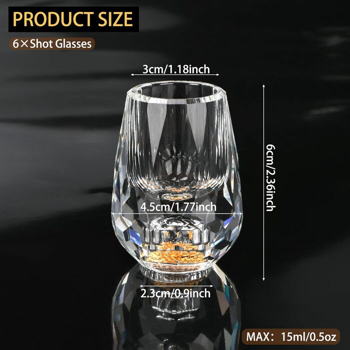 Набір келихів для шотів Crystal Shot, 6 шт., 15 мл, безсвинцеве скло, позолота 24K, для горілки, віскі, саке, текіли