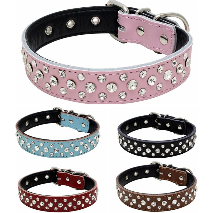 Нашийник для собак з стразами, регульований, блискучі кристали, натуральна шкіра, для маленьких та середніх собак (M, фіолетовий) M фіолетовий