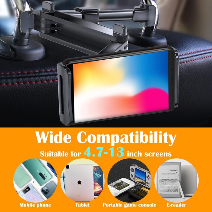 Тримач для планшета в авто: кріплення на підголівник, 360° обертання, сумісний з iPad, Switch, Kindle (4.7-13 дюймів), чорний