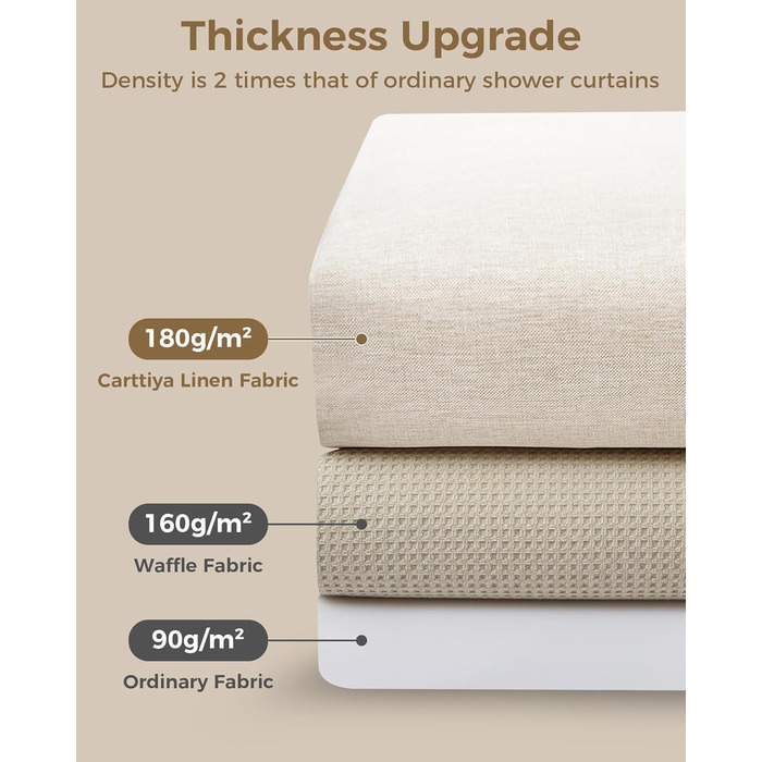 Штора для душу 180x180 см Бежева, Льняна текстура - Водонепроникна, з обтяженим краєм, 12 кілець, для ванної кімнати