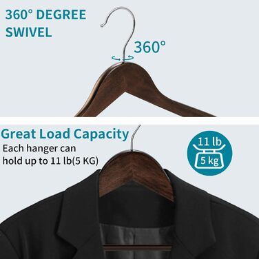 ABHENG Clothes Hangers, Wood, 20 Pieces, Wooden Hangers with Non-Slip Trouser Bar and 360° Swivel Hook, Shoulder Notches, Made from Natural Wood, Dark Walnut Color, AWY0320H