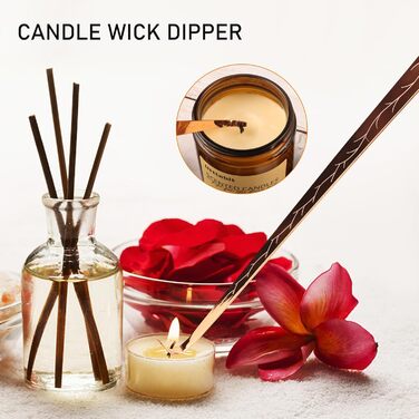 KOAKOMI Candle Accessory Set, Wick Trimmer, Candle Snuffer, and Wick Dipper for Candles, Aromatherapy Lovers, Gift, Stainless Steel Candle Care Set (Rose Gold, 4 Pieces with Lighter)