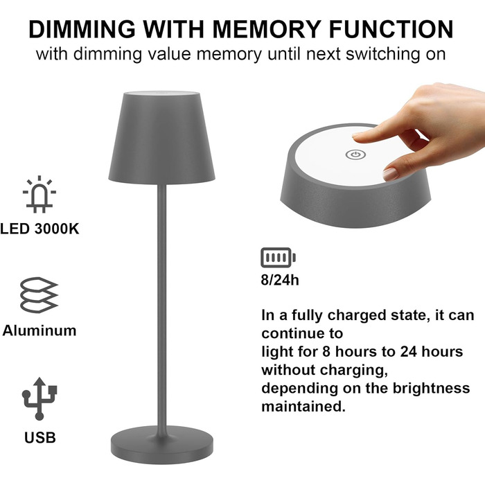 LED акумуляторна настільна лампа Klighten 2 шт. з регулюванням яскравості, для дому та вулиці, з USB зарядкою, 3000K, IP54, алюміній (темно-сірий)