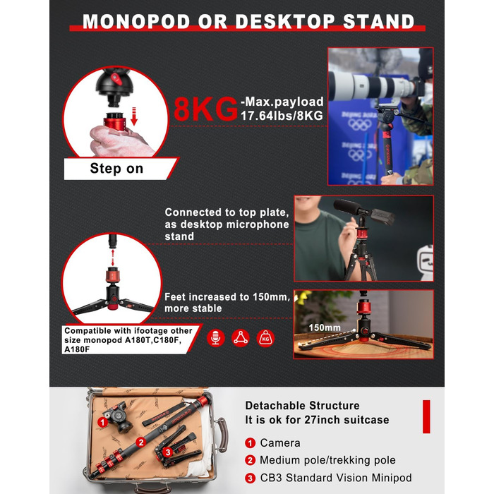 Монопод IFOOTAGE Cobra 3 A180F: штатив-трекінговий стрижень для DSLR/Camcorder, алюміній, 180 см, вантажопідйомність 8 кг