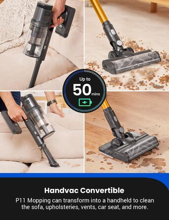 Бездротовий пилосос Proscenic P11 Ultra з акумулятором, легкий, самостійно стоячий, 50Kpa, 50 хвилин роботи, сенсорний екран, зелене світло, антизаплутування, для килимів, твердих поверхонь, штор, автомобіля, шерсті домашніх тварин (світло-жовтий)