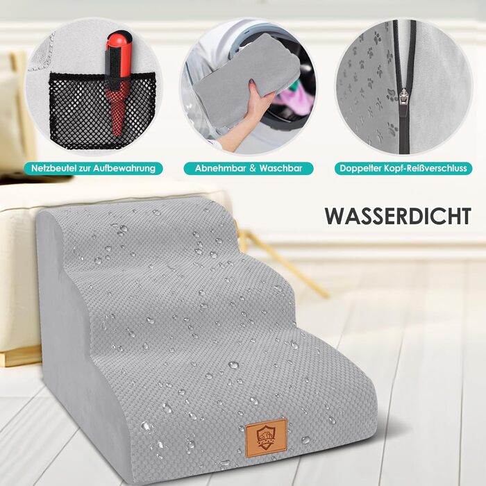 Myiosus Dog Stairs for Small Dogs, 2 Steps Pet Stairs, Waterproof Dog Steps Made of Sponge, Non-Slip Dog Ramp for Sofa Bed, Washable Cover Dog Stairs, Portable Cat Stairs (Dog Stairs 3 Steps, Grey)
