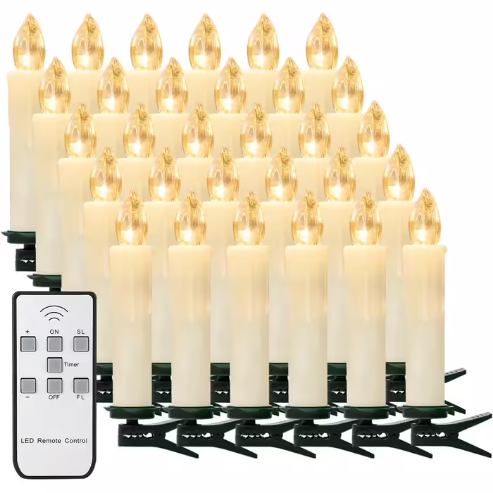 YunSheng 30 LED Christmas Tree Candles with Remote Control Timer, Warm White Christmas Tree Candles Cordless, Battery-Powered Flameless Flickering Christmas Tree Lights, Waterproof, Christmas Decoration