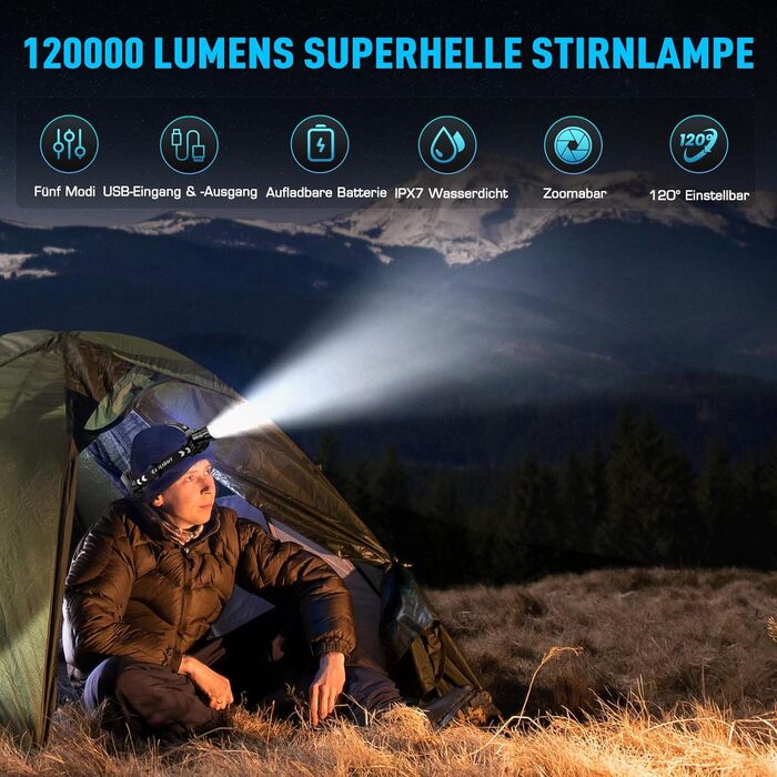 Rechargeable LED Headlamp, Super Bright 120000 Lumens Headlamp with 5 Light Modes & IPX7 Waterproof & 9000mAh BATTERY & Zoomable, 120° Adjustable Headlamp for Camping, Fishing, Outdoor