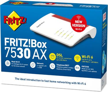 Роутер FRITZ!Box 7530 AX International Wi-Fi 6 DSL - Підтримка DSL/VDSL, Mesh, DECT, Media Server, для Австрії/Швейцарії