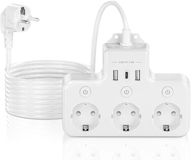 Багатофункціональна мережа роз'ємів 9 в 1 з вимикачем, USB 5-портова, 2м кабель, кутова розетка, чорний колір, індивідуальне вимкнення, для кухні та столу (3 розетки, настінний монтаж)