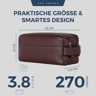 Шкіряна косметичка для подорожей VON HEESEN — універсальна сумка для гігієни та аксесуарів з натуральної шкіри, 2 основних відділення, темно-коричнева, великий розмір
