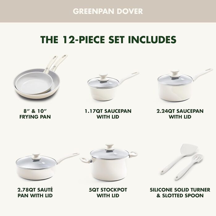 Набір кухонного посуду GreenPan Dover Healthy Ceramic Antihaft, 12 предметів, без PFAS, придатний для миття в посудомийній машині, зручні ручки, кремово-білий