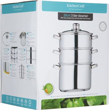 Набір каструль KitchenCraft 3 шт. з набором для приготування на пару, нержавіюча сталь, 16 см, срібний, у подарунковій коробці