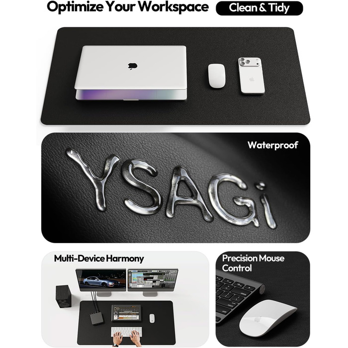 Килимок для миші шкіряний преміум YSAGi XXL 90x43 см, чорний - офісний килимок на стіл для роботи та дому