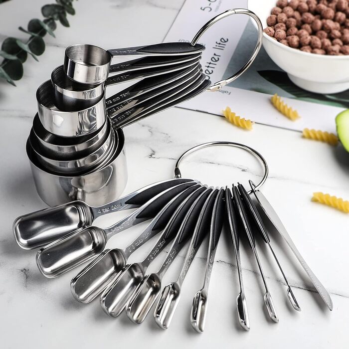 Stainless Steel Measuring Cup and Spoon Sets, Measuring Cups, Spoons, and Measuring Ruler for Dry and Liquid Ingredients, 19-Piece Set