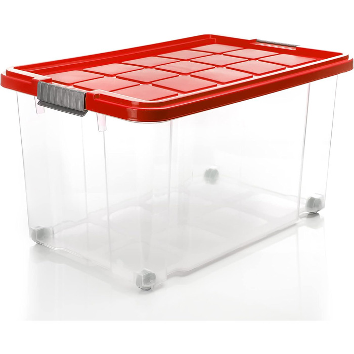 BigDean 4-Piece 60L Storage Box with Lid Large Steel - Stackable, Robust Box, BPA-Free - Rollable Stack Box with Secure Click Closures - Made in Germany (Red Transparent)